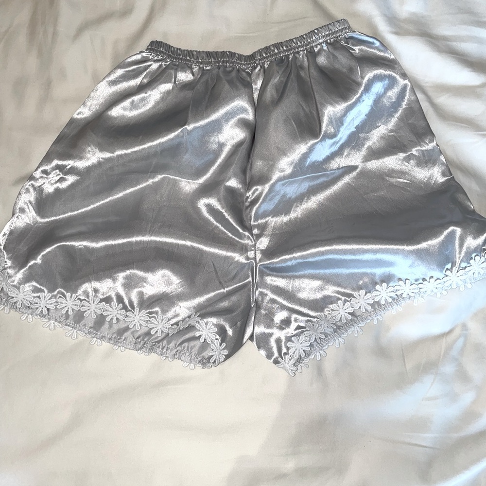 Women’s Silver Satin Floral Shorts New